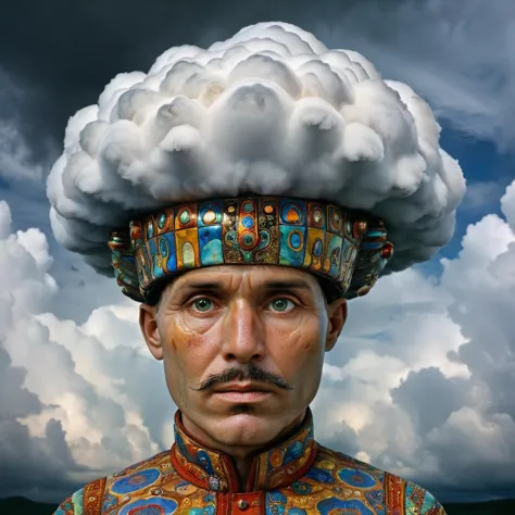 a close up of a man wearing a hat with clouds in the background