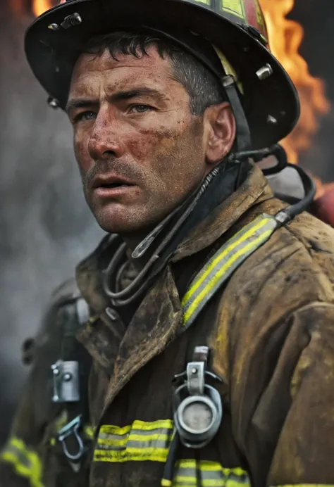 Photography in (stvmccrr style), portrait of an exhausted fireman just after extinguishing a fire, cultural portrait, emotive humane photography, analog film, film grain, kodachrome, intricate details, insanely detailed, natural lighting, 8k, hdr, masterpiece, award winning photography