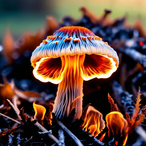 fire that looks like Opaque Mighty Trumpet-shaped Ribbed mushroom, Tacky,  Root Interlocking, Moorland, Parasitic, Luminescent, ...