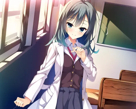 anime girl in a school uniform standing in a room