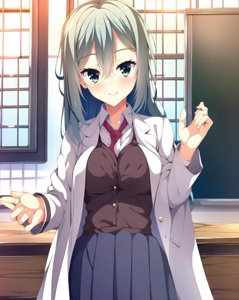 masterpiece, best quality, 1 girl, <lora:shikibeMayuRiddleJoker_v1E3:0.9>, mayu, side tail, classroom, school uniform, labcoat, medium breasts, cowboy shot