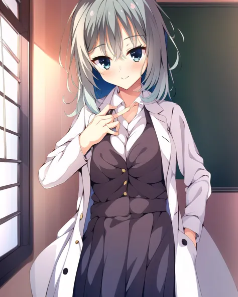 anime girl in a school uniform standing in front of a blackboard