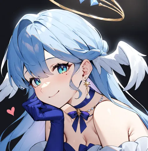 robin,1girl,solo,heart,gloves,halo,white background,looking at viewer,jewelry,smile,head wings,blue gloves,simple background,choker,upper body,bow,bare shoulders,off-shoulder dress,earrings,strapless dress,detached sleeves,<lora:Robin_By-XieMo:0.7>,masterpiece,best quality,very aesthetic,absurdres,