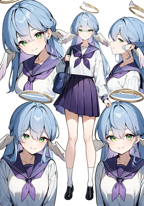 anime character with different poses of a woman with angel wings