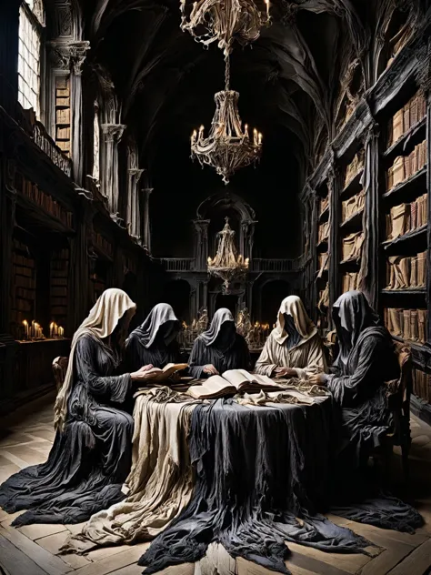 A secret society meeting in an ancient library, members cloaked in shadowy linens that obscure their identities <lora:Shadowy_Li...