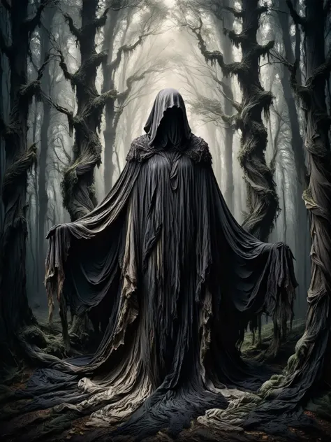 A mysterious figure standing at the edge of a dark forest, their cloak a flowing mass of shadowy linens that seem alive <lora:Shadowy_Linens:0.8> <lora:EnvyBetterHiresFixXL01:0:hr=1>