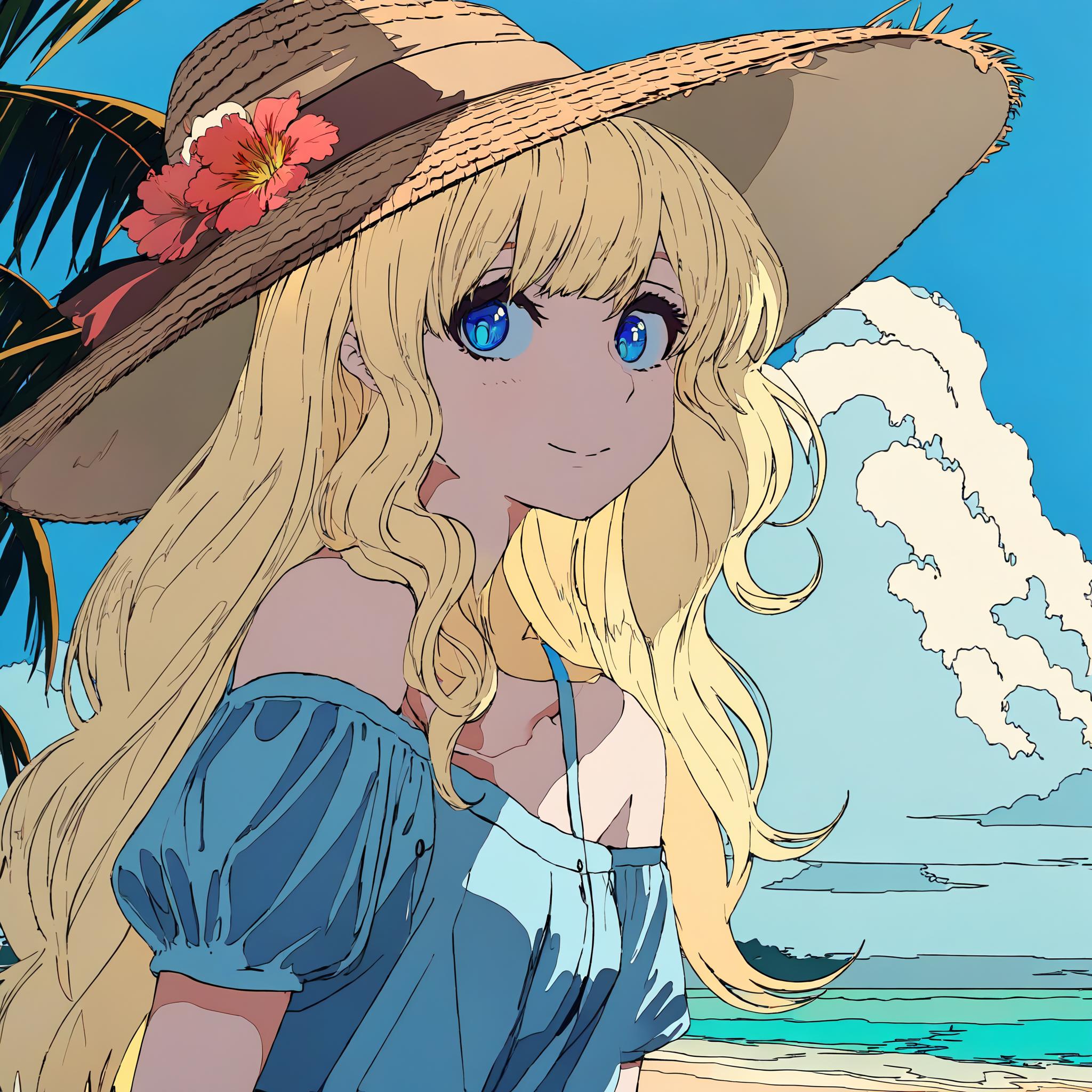 Anime girl with long blonde hair wearing a straw hat on the beach