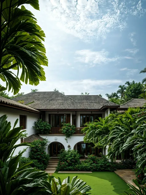 photography, tropical villa, white stucco walls, gable tiled roof, wood column supports, upper level balcony, lush greenery, potted plants, open veranda, overcast sky, wide shot, natural daylight   