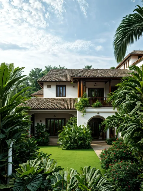 photography, tropical villa, white stucco walls, gable tiled roof, wood column supports, upper level balcony, lush greenery, pot...