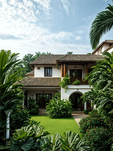 photography, tropical villa, white stucco walls, gable tiled roof, wood column supports, upper level balcony, lush greenery, potted plants, open veranda, overcast sky, wide shot, natural daylight   