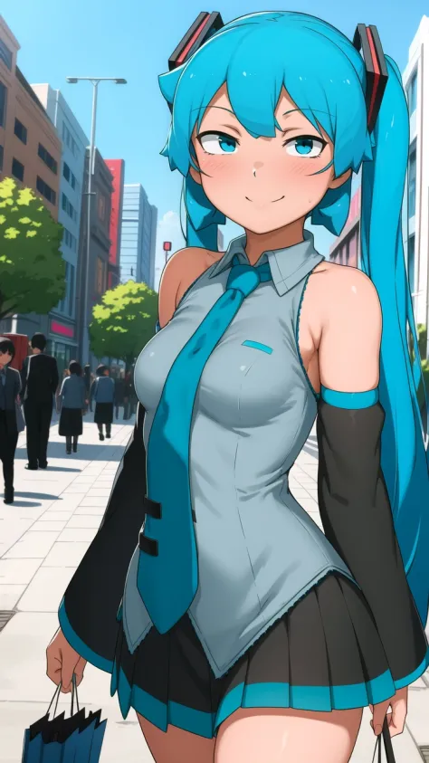(masterpiece, best quality:1.2), (1girl:1.12), Hatsune Miku, twintales, very long hair, smile, grey shirt, skirt, detached sleeves, necktie, cute, looking at viewer, walking, outdoors, city, day, shopping for clothes, (blush:1.06), (smirk:1.04), solo, blue...