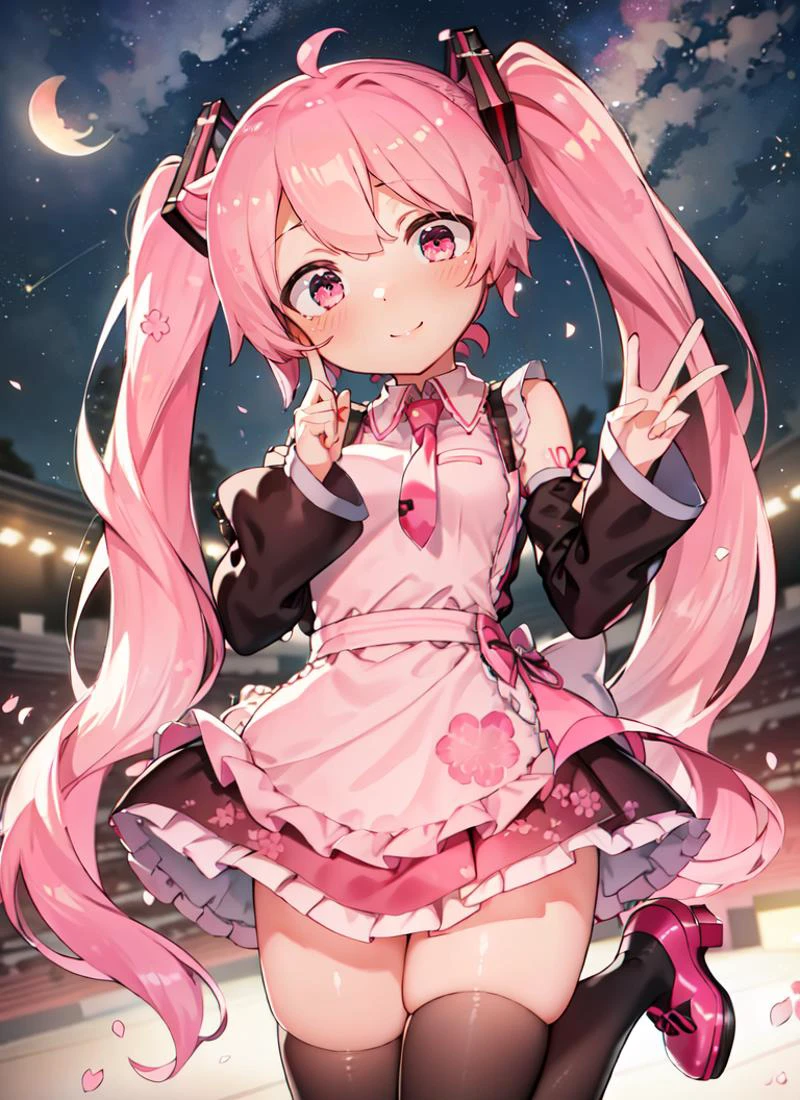 ((best quality)), ((highly detailed)), absurdres, (detailed eyes, deep eyes), (1girl), dynamic pose, upper body, Hatsune Miku, Cherry Blossom Miku, very long hair, (pink hair, pink eyes), smiling, waitress, pink apron, frilled apron, layered dress, puffy sleeves, thighhighs, (striped thighhighs), shoes, black footwear, cherry blossom print, cherry, cherry blossoms, (outdoors, at a stadium, evening, night sky, stars, lunar eclipse, shooting star), 