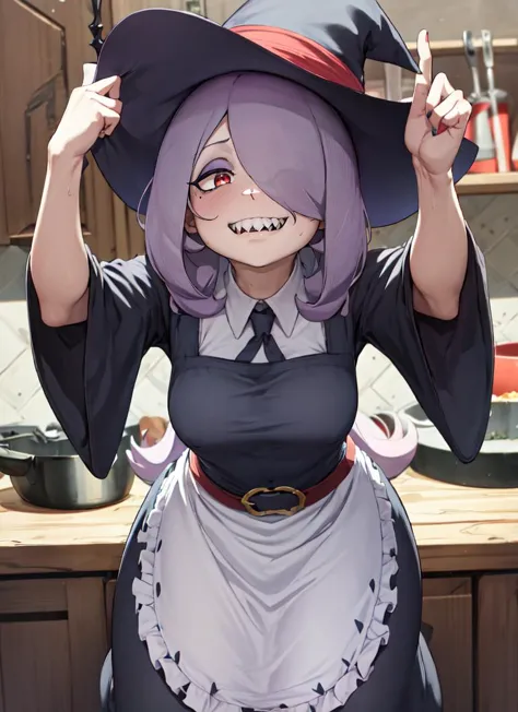 anime character dressed in witch costume holding a knife and a hat