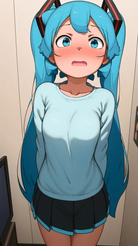 (masterpiece, best quality:1.1), 1girl, solo, Hatsune Miku, twintales, very long hair, surprised, casual clothes, looking at viewer, standing, indoors, bedroom, day