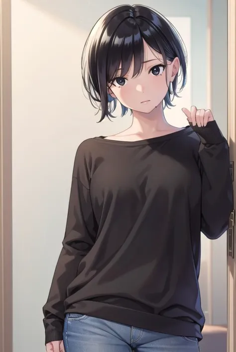 anime girl with black hair and blue jeans standing in front of a door