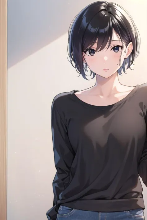 anime girl with short black hair and black shirt standing in front of a mirror