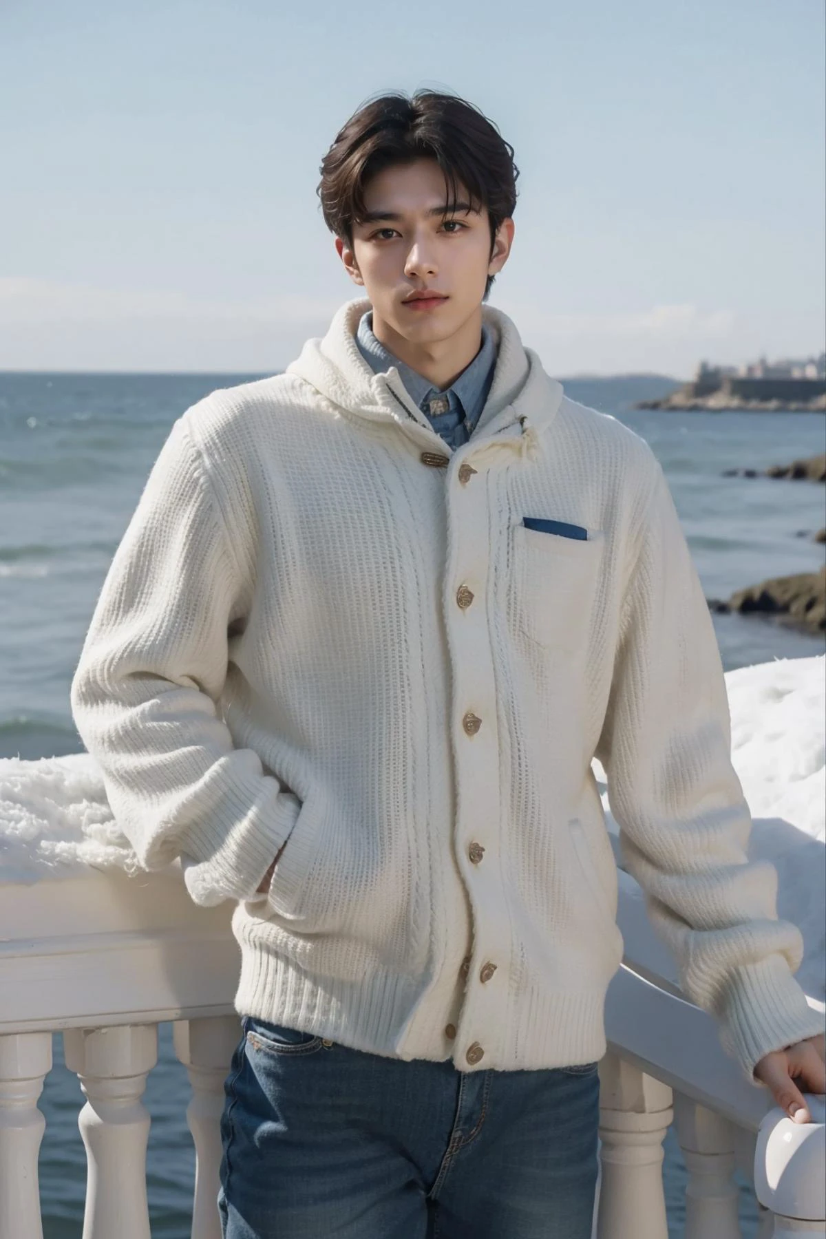 handsome male,big muscle,crew cut,soft light dark academia,outfits,winter,seaside