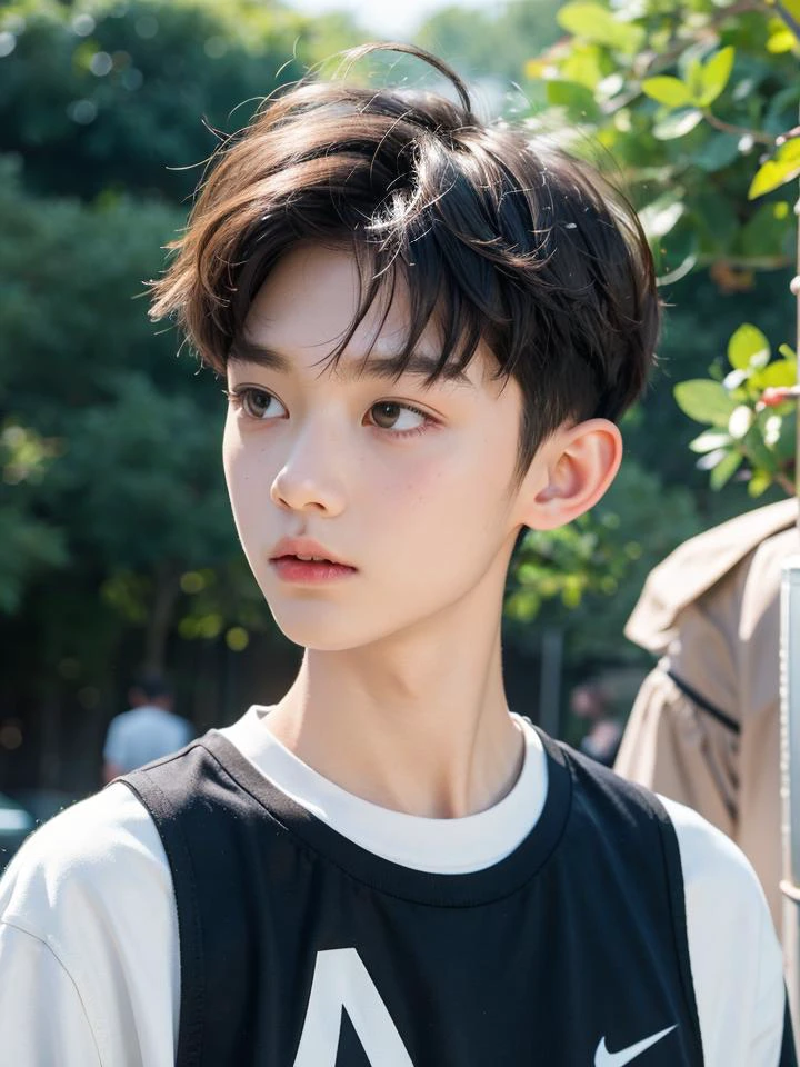 1boy with round face,(differential crushed cap hairstyle),black shorts,nike white socks,small white shoes,white blue t-shirt,(round face),chibi,(teen:1.3),skinny,(bangs),chinese,nike \(0306\),university student,(broken hair),perm,wisdom,face shape: round face,upper body,Best Quality,Masterpiece,Ultra High Resolution,(Realisticity:1.4),Original Photo,1boy,