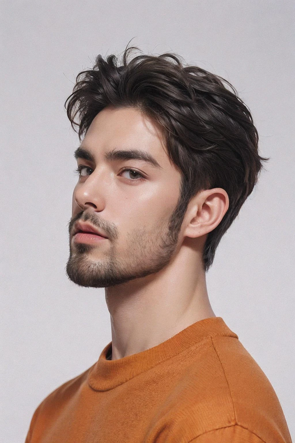 hübscher Mann,Bart,Oberkörperporträt,orangefarbener Pullover,weißer Hintergrund,