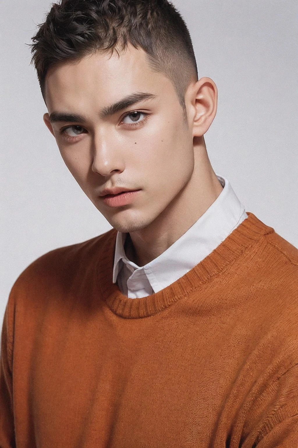 hübscher Mann,(Skinhead:0.7),Oberkörperporträt,orangefarbener Pullover,weißer Hintergrund,