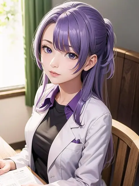 1girl, solo,(best quality),(masterpiece:1.1), upper body, looking_at_viewer, dynamic angle, purple hair, labcoat, cute, clear facial skin,