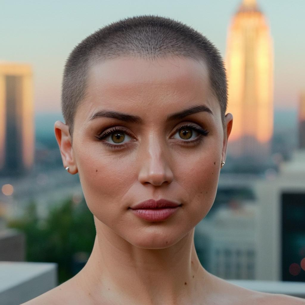 A close up of a woman with a shaved head and a city skyline in the  background - SeaArt AI