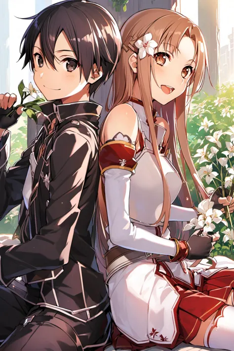 1girl, kirito, asuna (sao), breastplate, 1boy, black hair, long hair, armor, back-to-back, thighhighs, brown hair, flower, skirt, brown eyes, white armor, sitting, black eyes, holding, smile, detached sleeves, gloves, fingerless gloves, pleated skirt, red skirt, looking at viewer, open mouth, bare shoulders, hair ornament, black gloves, short hair, white thighhighs, white flower, long sleeves, hair flower, :d, miniskirt, holding flower, <lora:abec_XL:0.8>