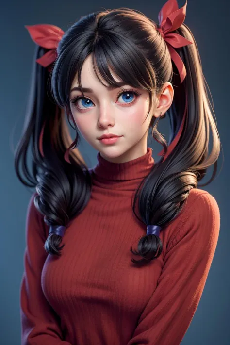 1girl, tohsaka rin, solo, long hair, sweater, red sweater, looking at viewer, blue background, black hair, simple background, two side up, turtleneck, blue eyes, lips, closed mouth, ribbon, hair ribbon, bangs, turtleneck sweater, upper body, parted bangs, black ribbon, ribbed sweater, twintails, nose,