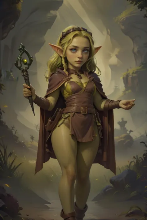 a woman in a brown outfit holding a sword and a green bird