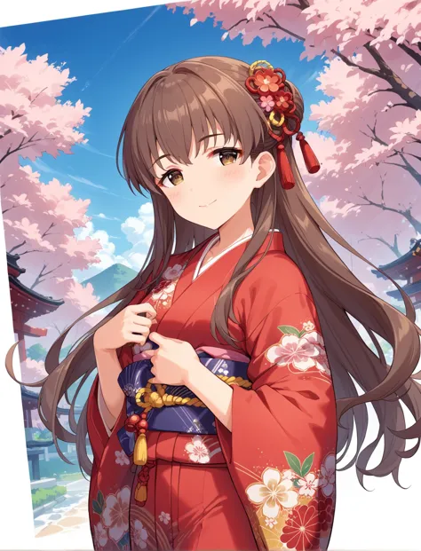 a woman in a kimono outfit standing in front of a cherry tree