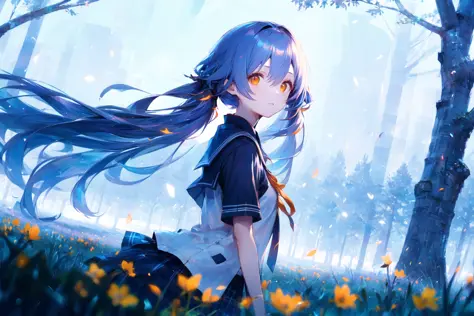 ((masterpiece, best quality)), best aesthetic, 1girl, solo, cowboy shot, school uniform, serafuku, blue hair, long hair, twintails, looking at viewer, orange eyes, short sleeves, closed mouth, outdoors, scenery, field, nature,