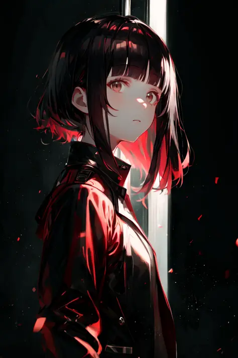 masterpiece, best quality, anime, waifu, (dark:1.3), 1girl, solo, cowboy shot, black jacket, (black hair), short hair, blunt bangs, black shirt, looking at viewer, long sleeves, closed mouth, (dark background:1.3), (black background:1.3), indoors, window, room, night, red theme,