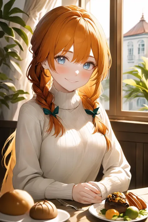 (best quality, masterpiece:1.2),1girl, solo, braid, smile, blush, looking at viewer, closed mouth, indoors, long sleeves, long hair, window, plant, white sweater, blurry background, depth of field, blue eyes, orange hair, food, upper body