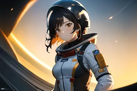 (best quality, masterpiece:1.2),1girl, solo, spacesuit, planet, space, white gloves, (space helmet:1.4), astronaut, black hair, ...