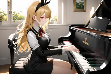 (best quality, masterpiece:1.2) 1girl play the piano, (piano:1.2), shirt, hairband, red eyes, skirt, vest, ribbon, piano focus, ...