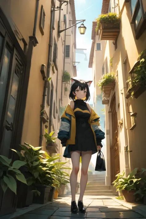 (best quality, masterpiece:1.2) 1girl, alley,  cat ears, standing, outdoors, black hair, solo, holding bag, looking at viewer, b...