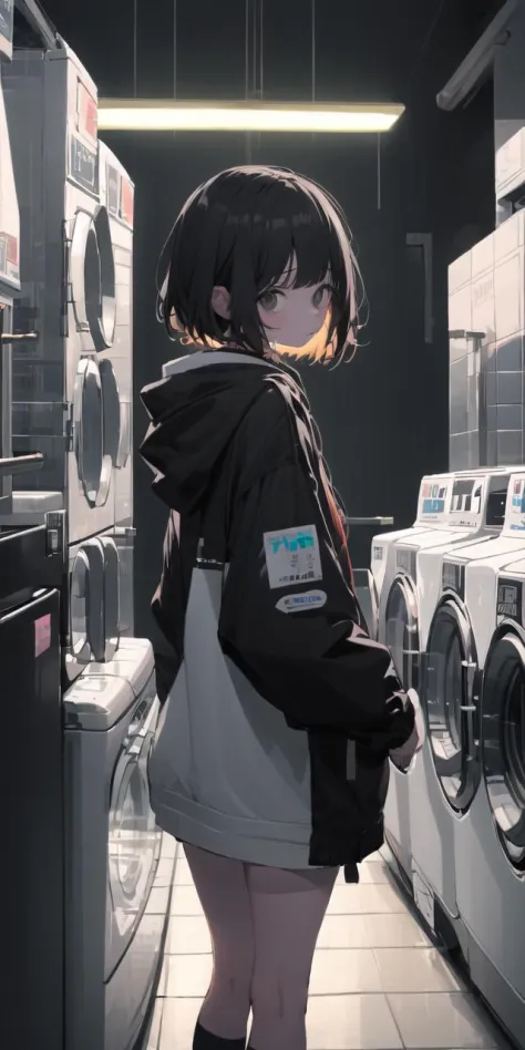 (masterpiece, best quality),(dark lighting, night:1.8), 1girl, solo, laundromat, washing machine, indoors, short hair, looking at viewer, black hair, hood down, standing, looking back, socks, black jacket, tiles, closed mouth, hooded jacket, from behind, choker, cowboy shot