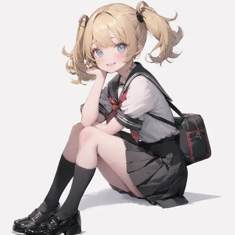 (masterpiece, best quality), 1girl, pleated skirt, black skirt, knees up, head rest, arm support,  school uniform, white background, open mouth, white shirt, looking at viewer, solo, smile, simple background, short sleeves, black footwear, serafuku, sailor collar, two side up, blue eyes, blonde hair, black socks, school bag, :d, twintails, from side, full body,