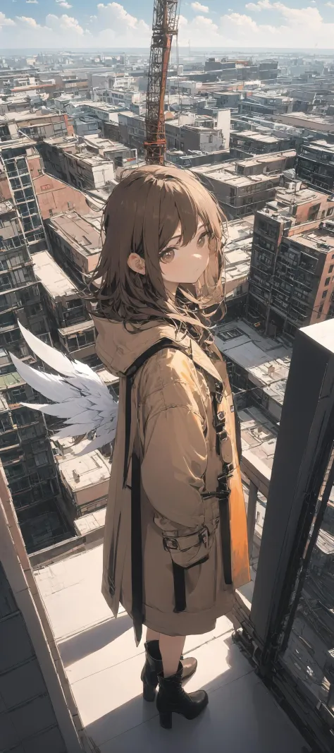 (masterpiece, best quality),from above , 1girl, solo, (feathered wings:1.2), billboard, brown eyes, brown hair, building, city, ...
