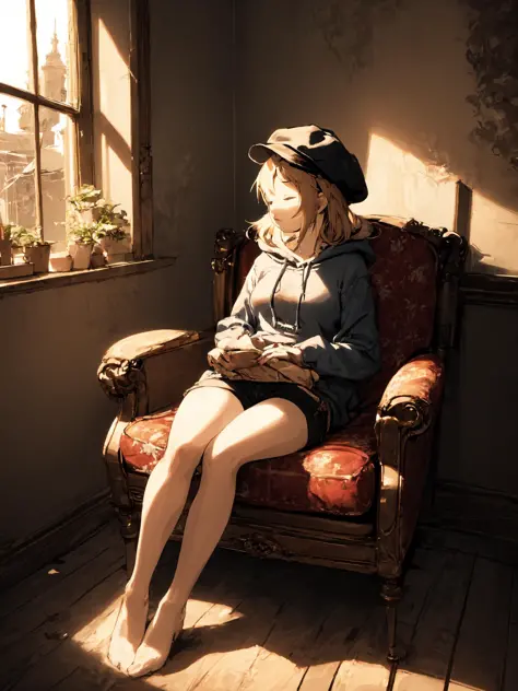 absurdres , highres, ultra detailed, (1girl:1.3), sitting, messy hair, medium hair, medium breasts, sleeping, BREAK hoodie, shorts, cabbie hat, looking away, looking afar, BREAK (Ruined mansion), Old-fashioned chair with age, ragged carpets, faded wallpaper, Dark room, Light on her, Tyndall effect, Dusty air, Broken windowpanes, strong shadow, strong light