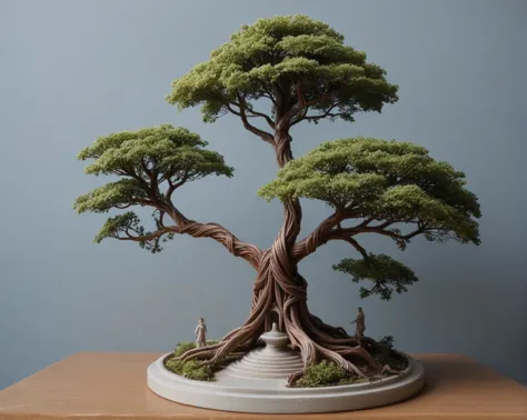score_9, score_8_up, score_7_up, hyperdetailed wire sculpture of a juniper bonsai tree, planted in a marble planter, intricate d...