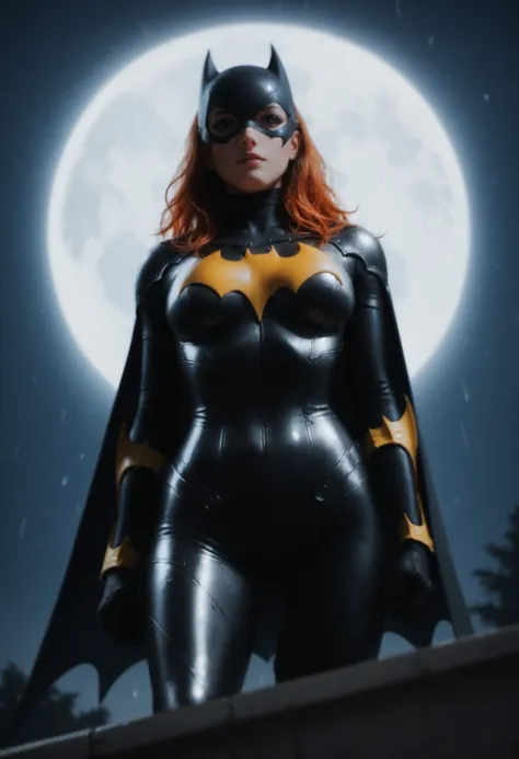 score_9,score_8_up,score_7_up,score_6_up,score_5_up,score_4_up,realistic, highly detailed,real life,analog,low angle, shot from below, (batgirl:1.2) standing in the darkness at night, on a rainy gothic (rooftop:1.2), full moon, cape, hi tech skintight fullbody (armored:1.2) leather outfit, mask, Gotham,  (long soaking ginger hair),  dynamic sexy pose,