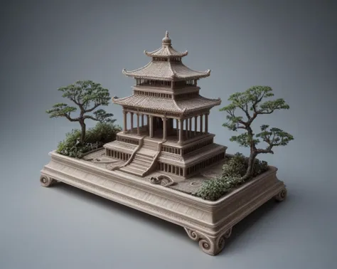 a close up of a small model of a pagoda with trees