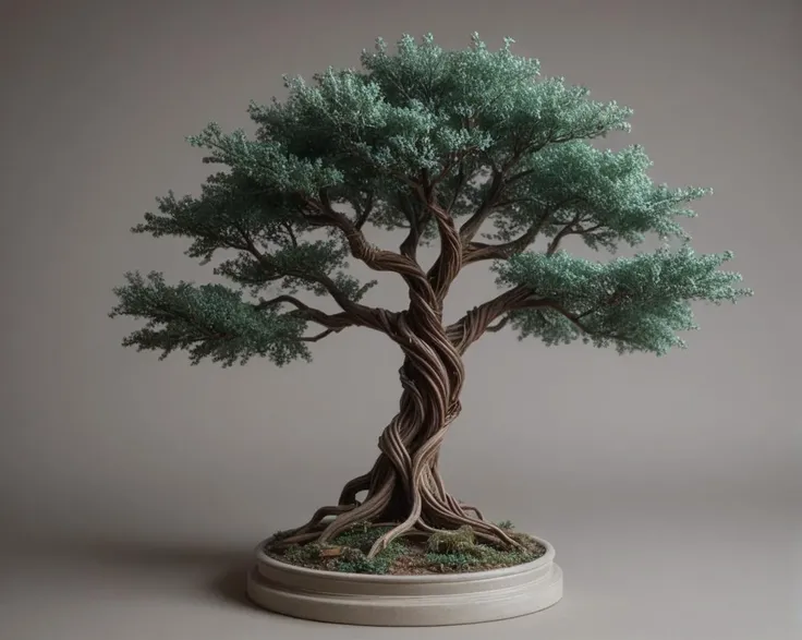 pontuação_9, pontuação_8_acima, pontuação_7_acima, escultura de arame hiperdetalhada de um bonsai de zimbro, plantado em um vaso de mármore, detalhes intrincados, melhor qualidade, Alta resolução, realista, Ângulo Dinâmico, fio de cobre ral, fiox, wix1