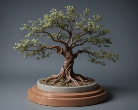 a close up of a bonsai tree on a wooden base