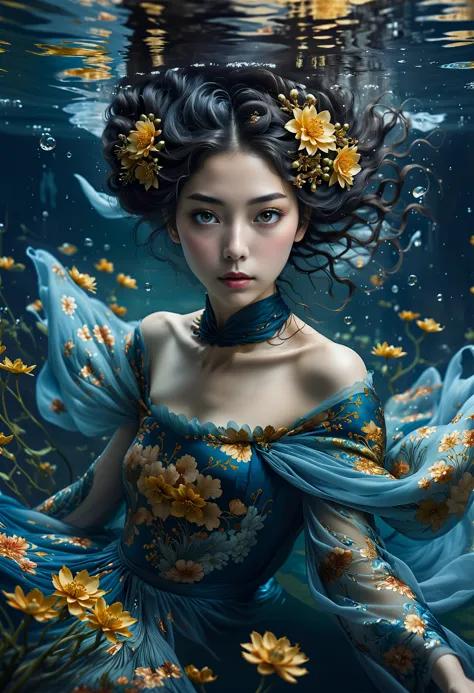 imagine, dream of, surrealist art ethereal fantasy concept art of  floating dress, water, woman photography, the image captures ...