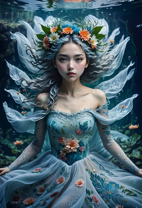 imagine, dream of, surrealist art ethereal fantasy concept art of  floating dress, water, woman, fantasy, ethereal, dreamy, unde...