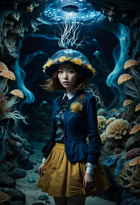 imagine, dream of, cinematic photo fashion editorial style Jellyfish, haute couture, tentacles, bioluminescence, under water, dark, photography, woman in a blue jacket and mustard-colored skirt a floral patterned hat and a mysterious underwater cave setting, The atmosphere is ethereal dreamy and fantastical evoking a sense of wonder and otherworldliness,, Jellyfish, haute couture, tentacles, bioluminescence, under water, dark, photography, woman in a blue jacket and mustard-colored skirt a floral patterned hat and a mysterious underwater cave setting, The atmosphere is ethereal dreamy and fantastical evoking a sense of wonder and otherworldliness, . high fashion, trendy, stylish, editorial, magazine style, professional, highly detailed . 35mm photograph, film, bokeh, professional, 4k, highly detailed