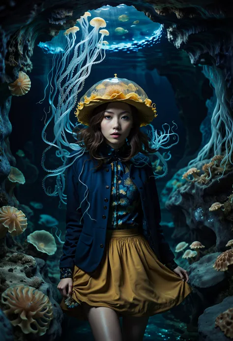 imagine, dream of, cinematic photo fashion editorial style jellyfish, haute couture, tentacles, bioluminescence, under water, da...