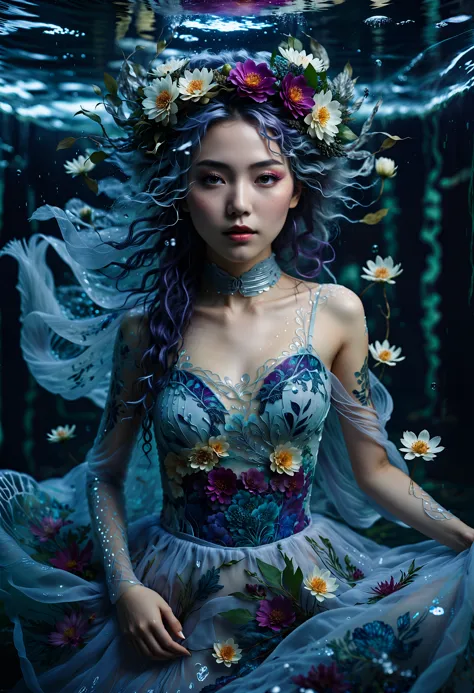 imagine, dream of, cinematic photo neonpunk style floating dress, water, woman, fantasy, ethereal, dreamy, underwater, nature, a...